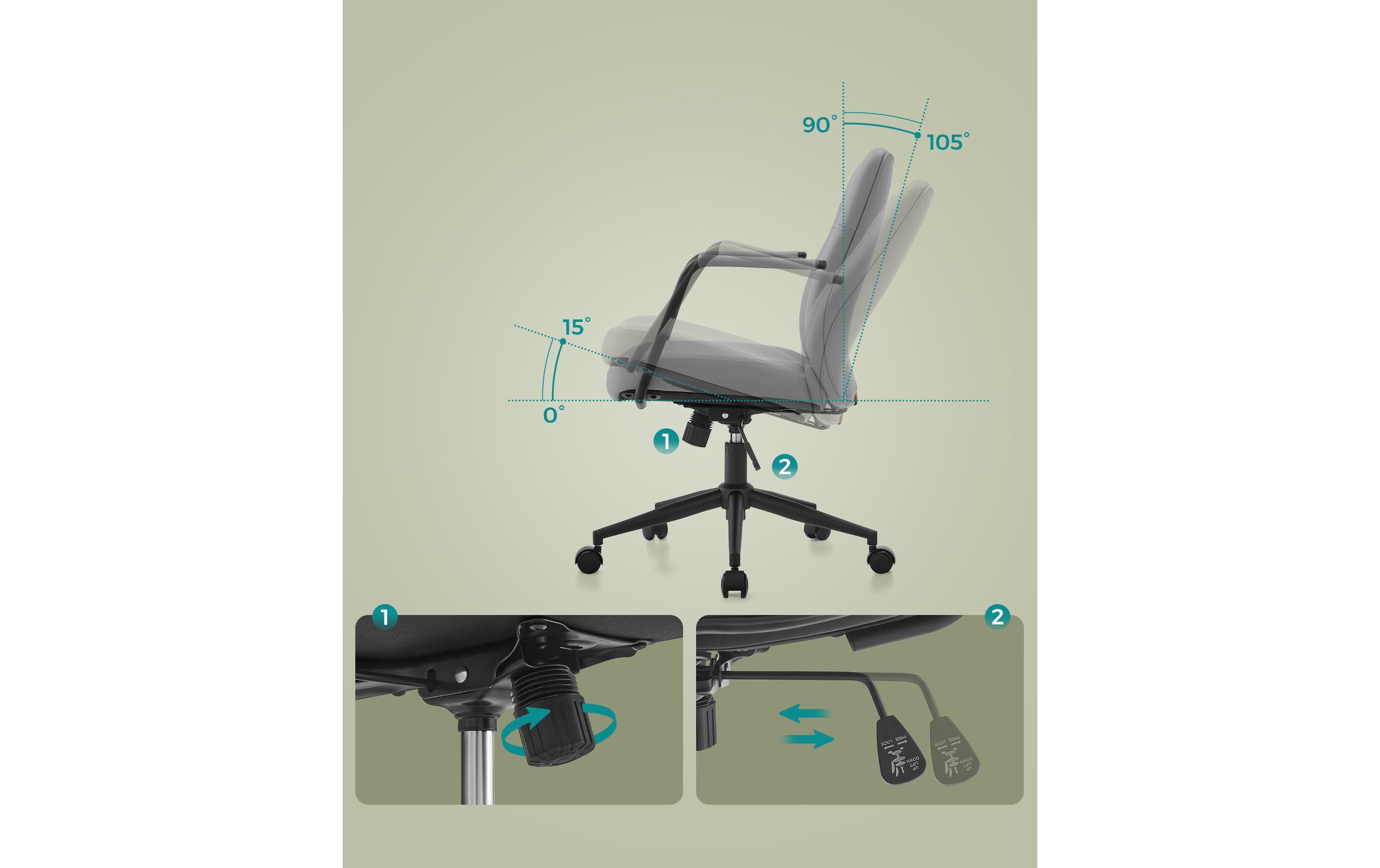 Bürostuhl mit Polsterrücken und Armlehnen, Grau<br>Drehstuhl mit gebogenem Sitz
