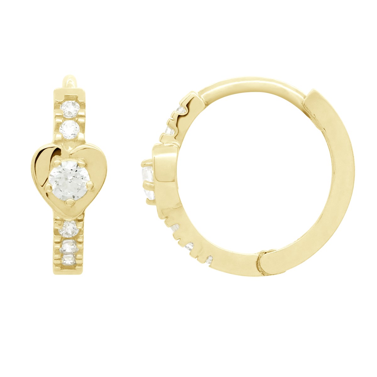 Boucles d'Oreilles Créoles - d'Oxydes de Zirconium Blancs Coeur - Or Jaune