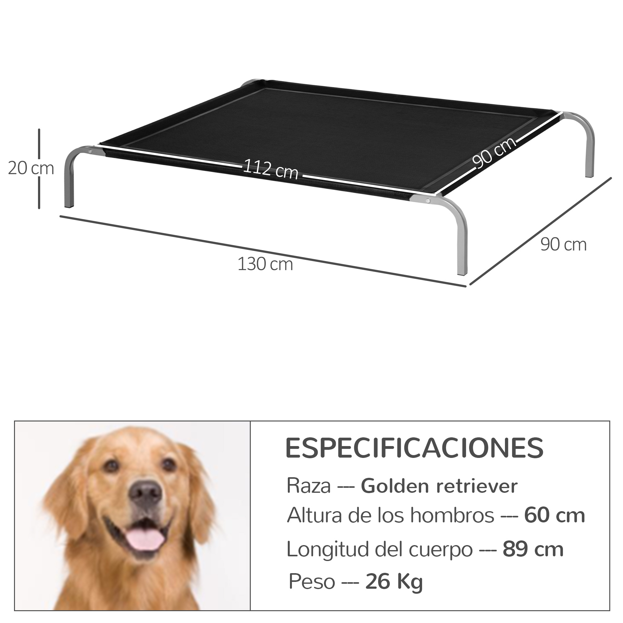 Cama elevada PawHut para cães e gatos, cama respirável para animais de estimação dormirem e relaxarem, com estrutura de aço para uso interno e externo, 130x90x20 cm, preta.