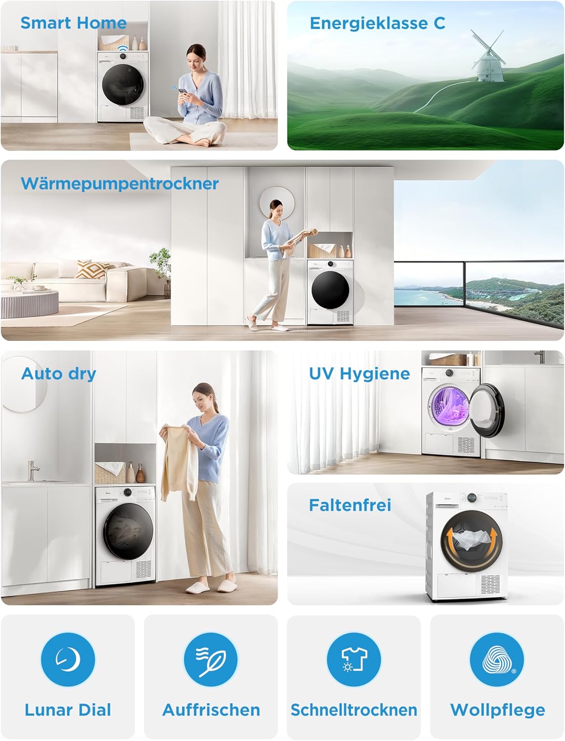 Midea MD20EH80WB-A3 Wärmepumpentrockner, 8 kg, Energieklasse C, UV Hygience, Knitterschutz, Sanfte Pflege, Auto Dry, Wollpflege, Auffrischen, Fernsteuerung, Startzeitvorwahl, Weiß