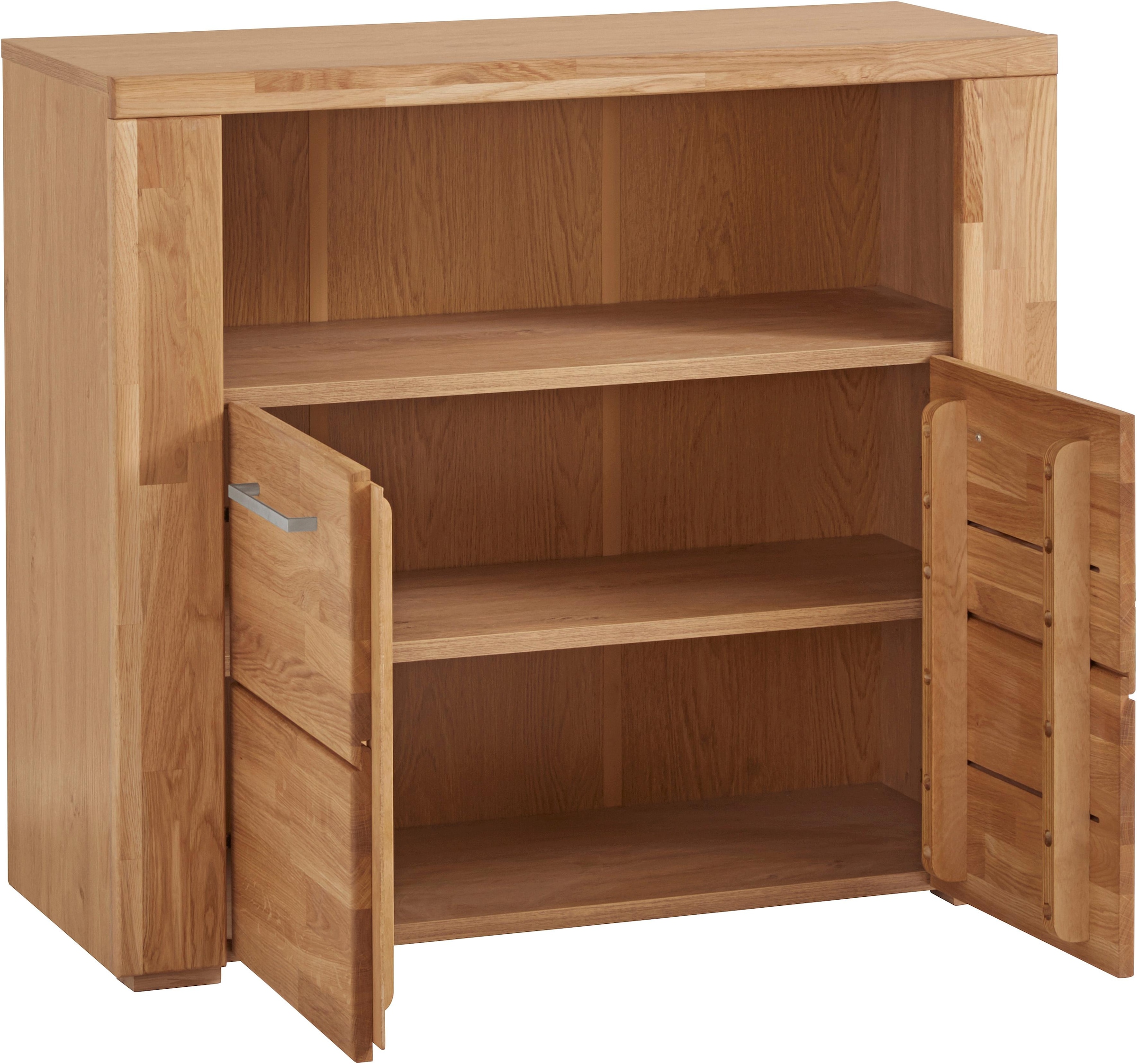 Home affaire Kommode »Celle,90cm breit,35 cm tief, Fronten Massivholz« Holz massiv, Holzwerkstoff, Metall Griffe,3 breite Fächer