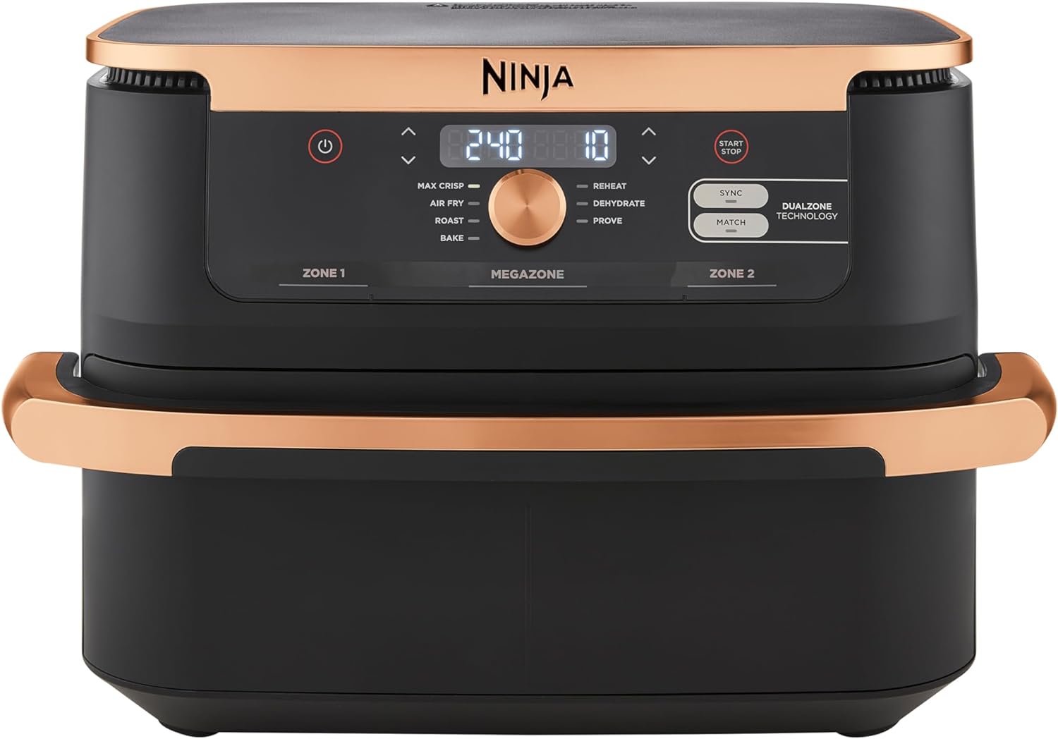 Ninja Foodi FlexDrawer Dual Zone Heißluftfritteuse, Airfryer mit 10,4-Fach und herausnehmbarem Trenner, Antihaftbeschichtung, spülmaschinenfester Korb, 7-in-1, Schwarz & Kupfer, AF500EUCP