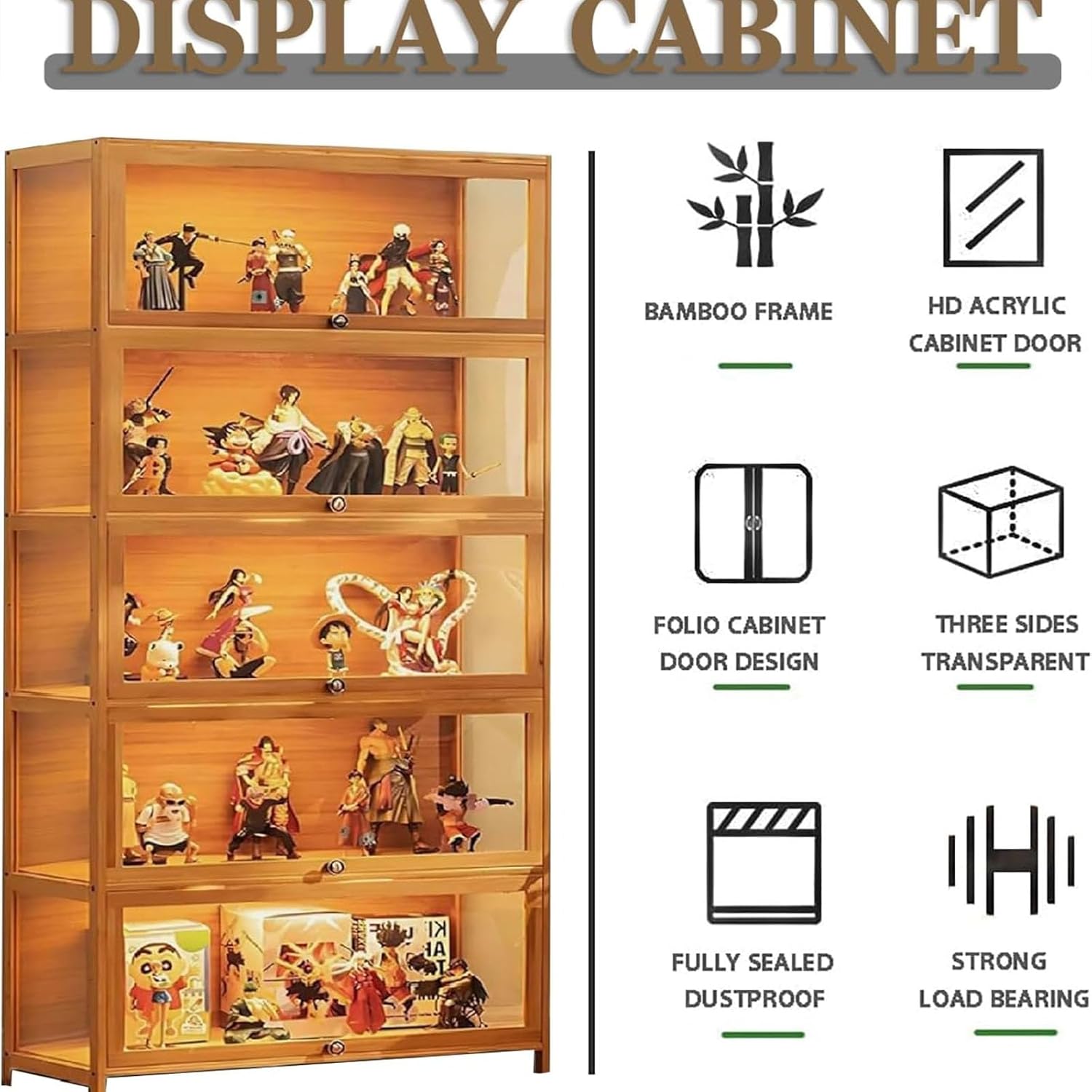 Standvitrine mit Acrylglas, 5 Böden Glas Vitrinenschrank, Dreiseitiger Transparenter Geschirrschrank, Bücherschrank mit Türen, für Wohnzimmer,Schlafzimmer,Büro (braune Klappe)