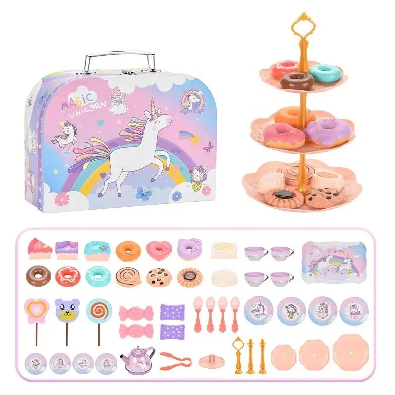 (40-tlg. Set) Kinder Teeservice Küchen Spielzeug Zubehör Tea Time Party Lern Spielset inkl. Koffer / Teekanne / Tassen / Gebäck - Einhorn