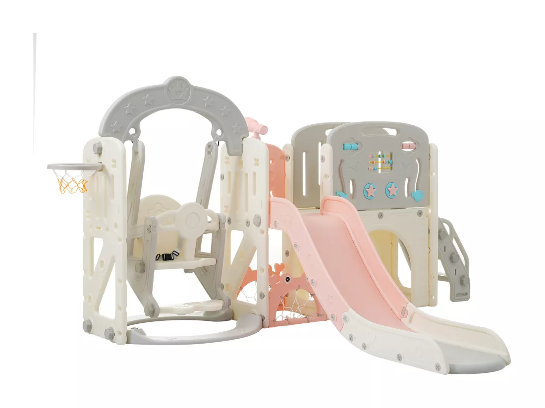 Ensemble balançoire de jeux pour enfants 10 en 1 - 232 x 181 x 116cm - en matériel HDPE - avec panier de basket et télescope - Rose
