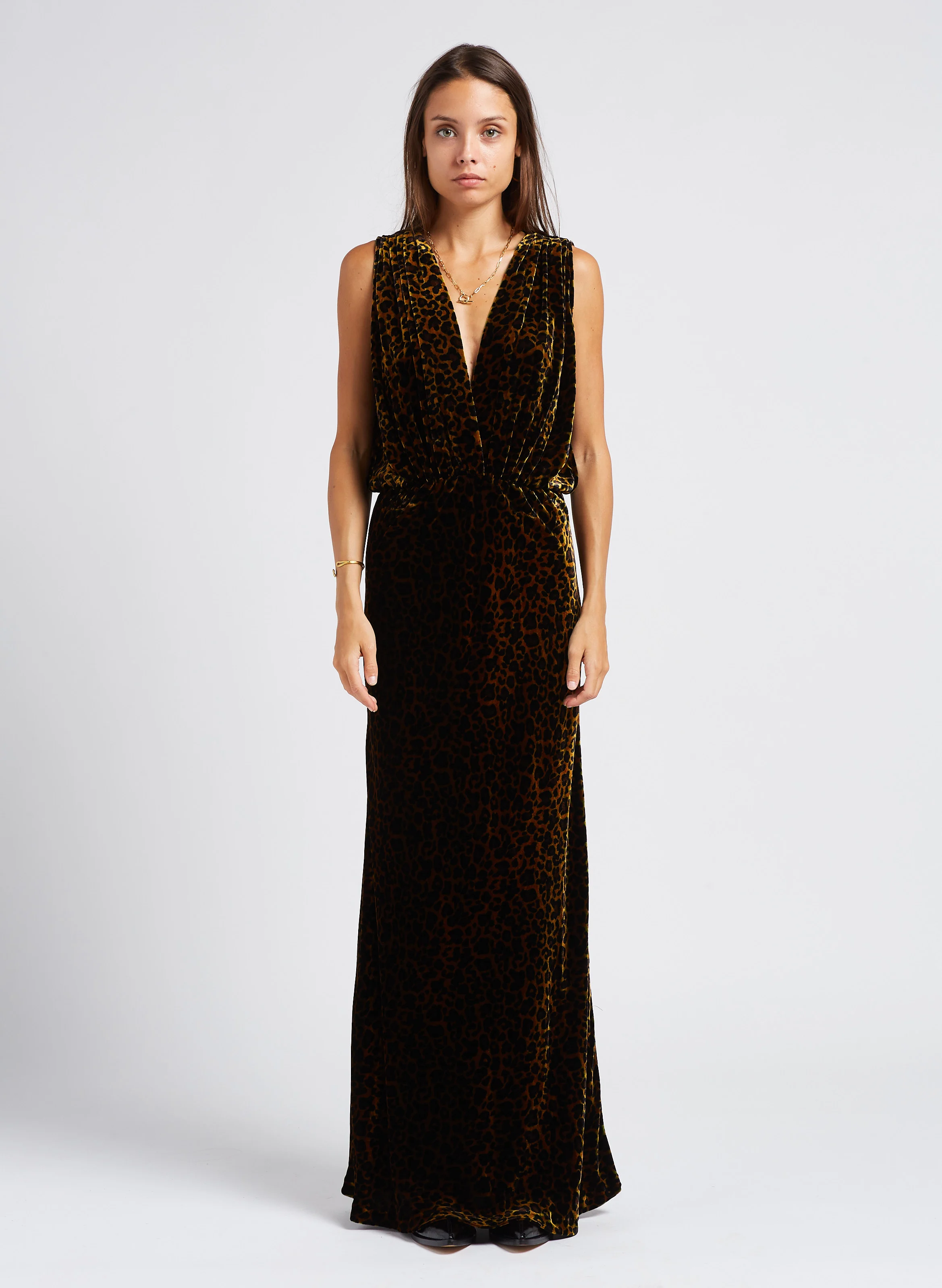 TRAVIS - Robe longue imprimé leopard aspect en velours | Multicolore