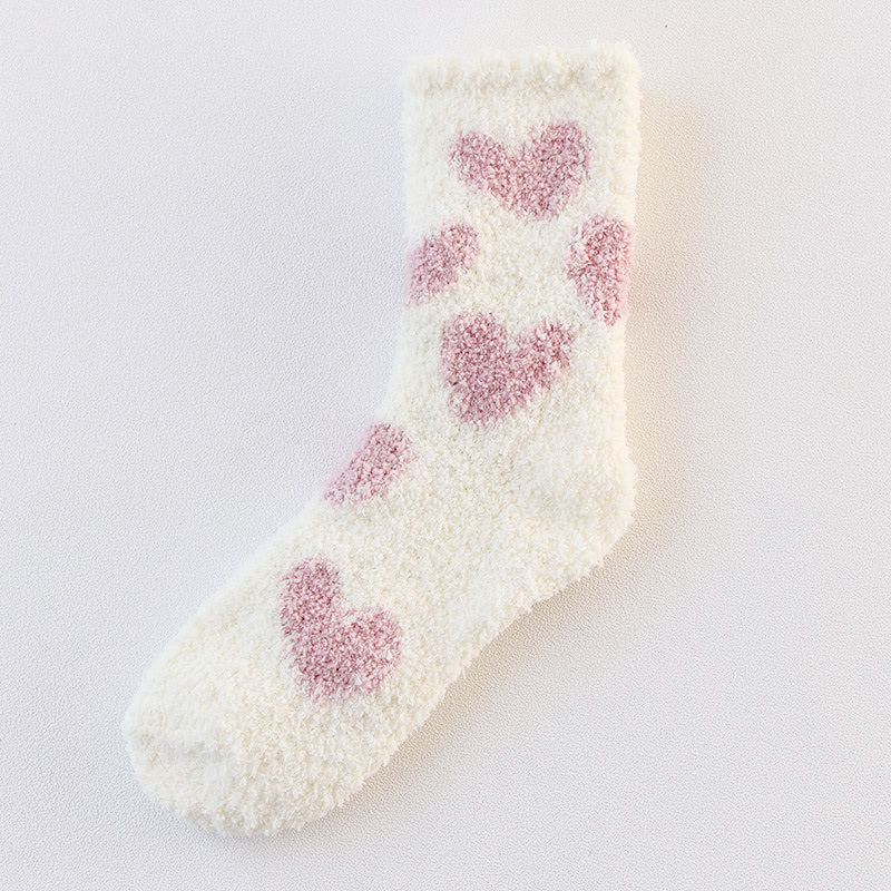 (1 Paar) Damen Kuschel Socken Wintersocken Herz Füsslinge Flauschige Bettsocken (One Size) - Weiss / Rosa