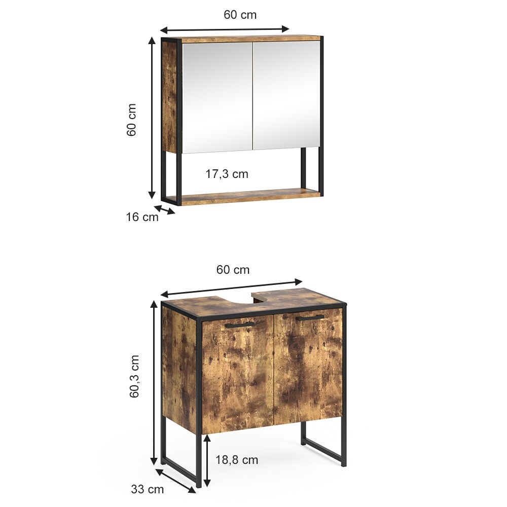 Vicco Loft Badmöbel Set Fyrk Vintage Spiegelschrank mit Ablage Waschtischunterschrank