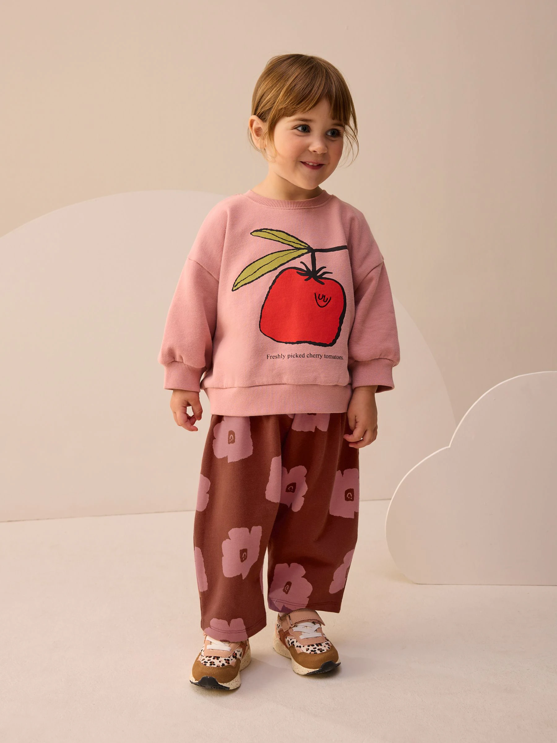Roze/bruine tomaat - Set van sweatshirt en joggingbroek met rechte wijde pijpen (3mnd -7jr)