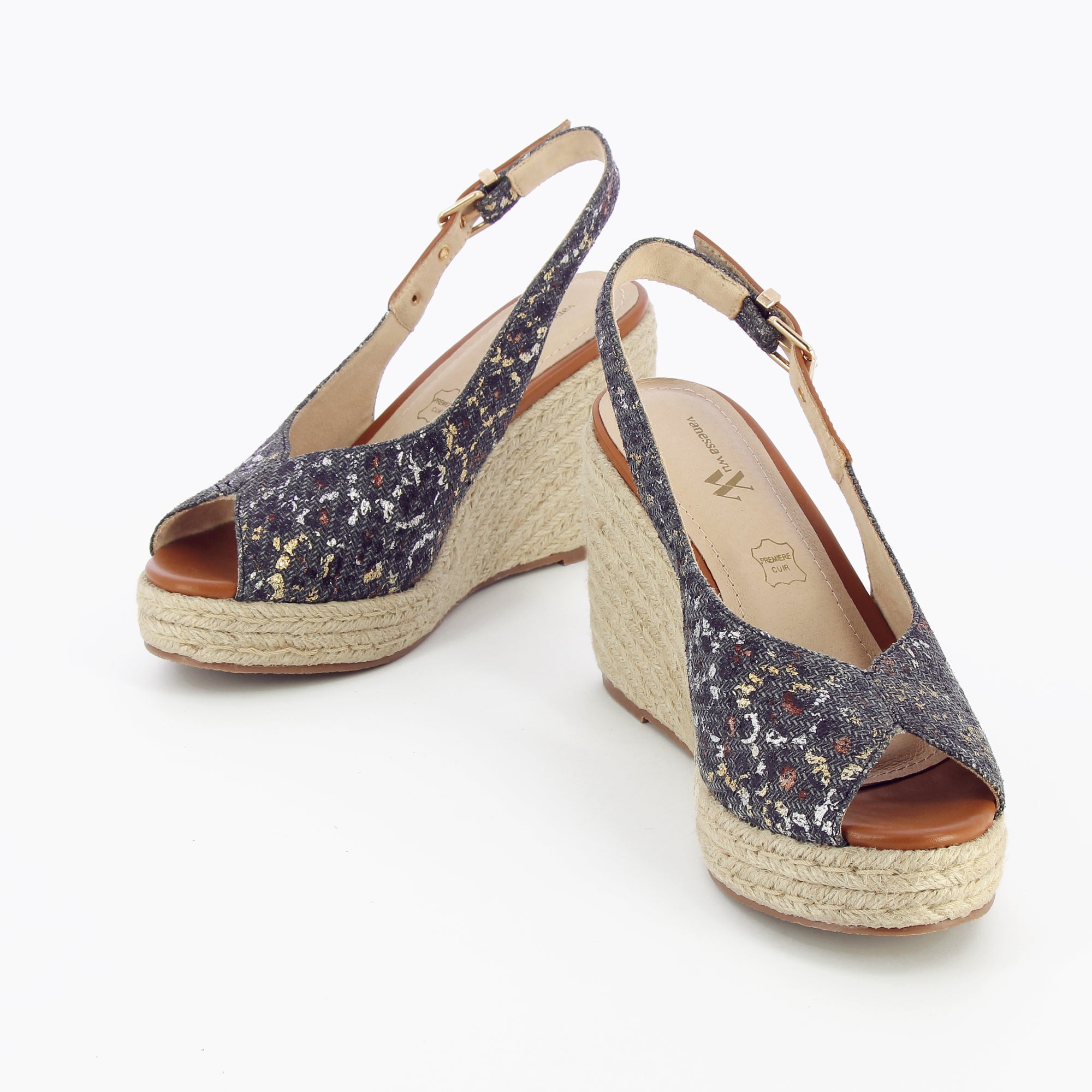 Sandales à talon, Compensées-Sandales compensées Gaëlle en tweed léopard anthracite