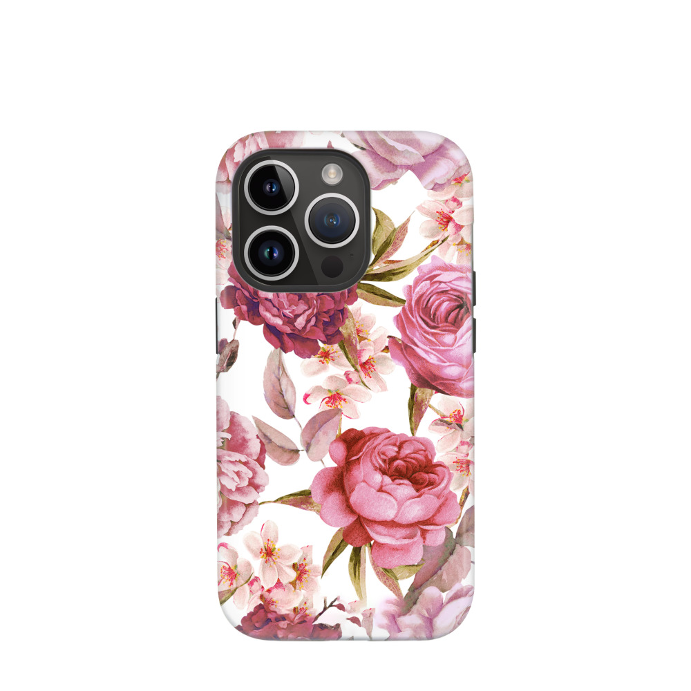 iPhone 14 Pro Hybrid (Kunststoff / Gummi) Hülle Wildrosen - Pink