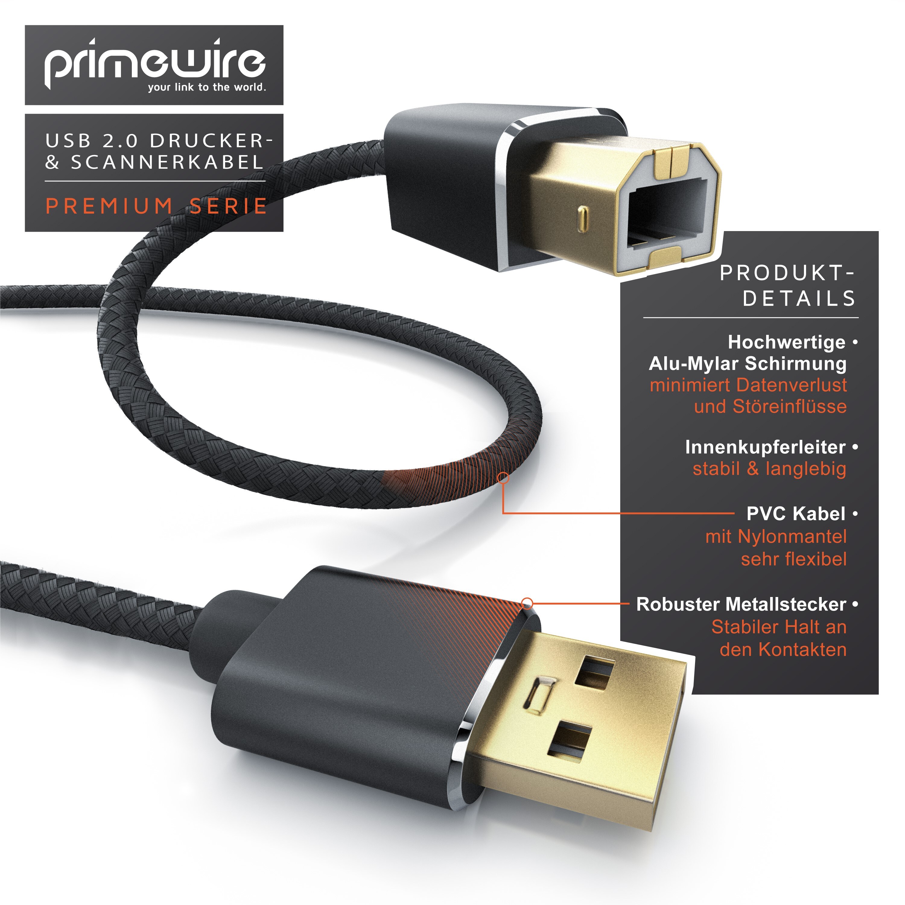 Primewire USB 2.0 Drucker / Scanner Kabel mit Nylonmantel - 2m
