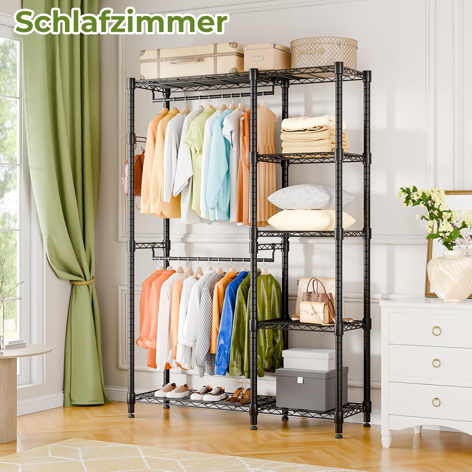 Himimi Kleiderständer Stabil, Kleiderschrank Offen mit Doppel-Kleiderstangen & 5 Höhenverstellbaren Regalen, Metall Garderobe Kleiderständer Schwerlast für Schlafzimmer Flur, 114 x 44 x 195cm Schwarz