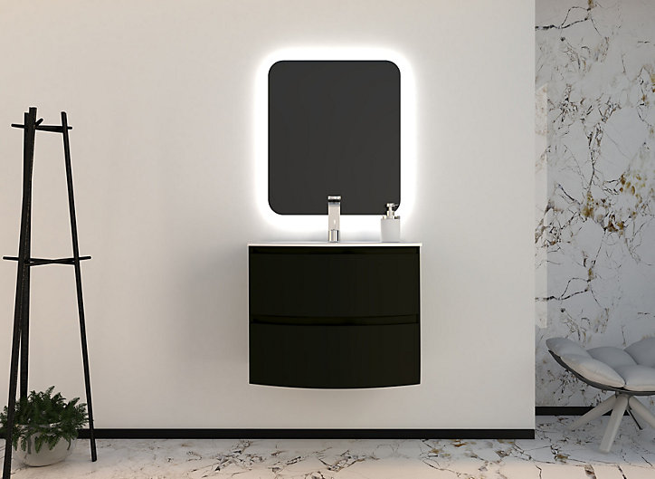 Ensemble Vague L.70 cm meuble sous vasque noir mat à suspendre + plan vasque résine blanc