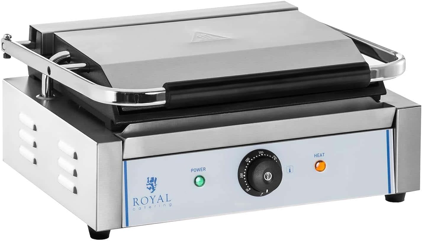 Royal Catering Gastro-Kontaktgrill 2200 W 300 °C 34,8 x 23 cm emailliertes Gusseisen + Edelstahl Elektrogrill kommerzieller Panini-Grill Sandwich-Pressgrill Multigrill