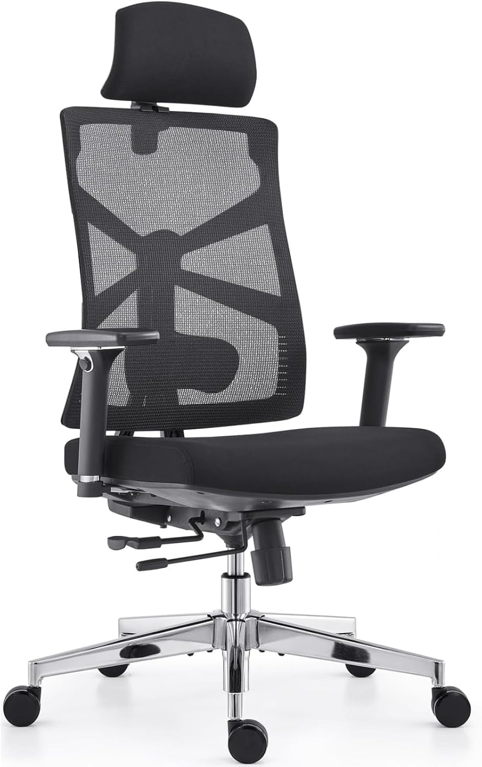 Ergonomischer Bürostuhl mit Adaptiver Rückenlehne, Schreibtischstuhl mit 4D Armlehnen, Verstellbarer Sitztiefe, Lendenwirbelstütze und 2D Kopfstütze, Atmungsaktiver Netz-Chefsessel, Schwarz