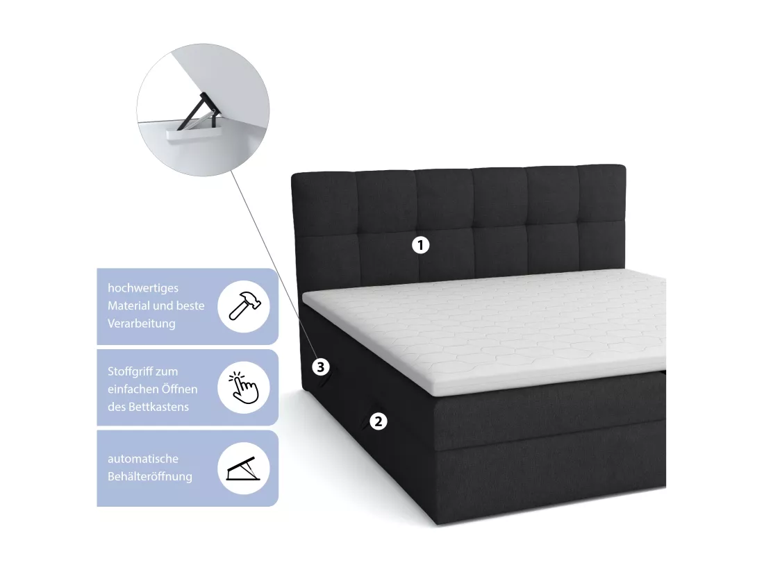 LIT BOX avec surmatelas Corino noir 140x200 cm