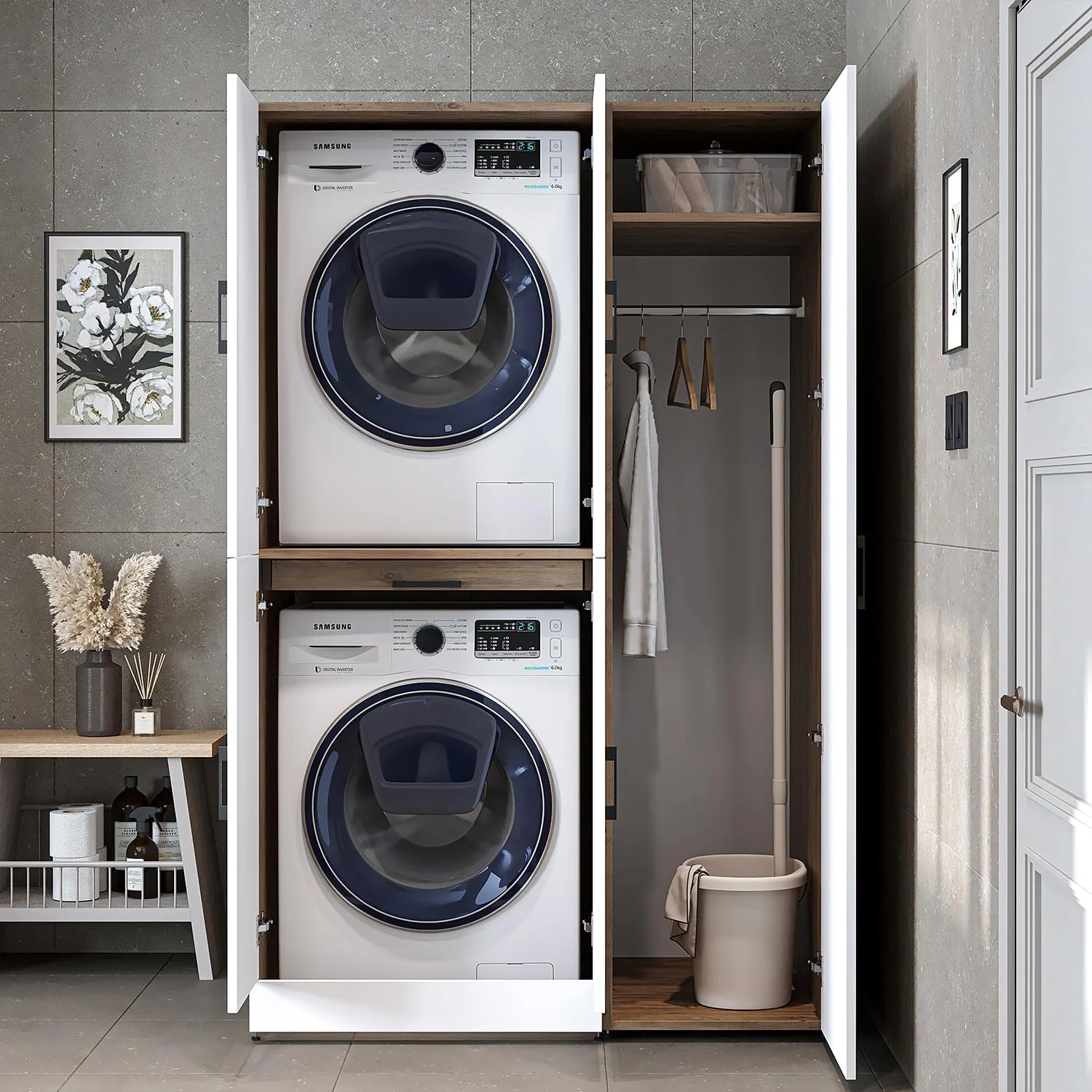ROOMART Dora - Armoire de machine à laver - Pour sèche-linge et machine à laver - En 4 couleurs - Avec portes et panneau coulissant - Blanc - Chêne blanc - Chêne anthracite - Chêne blanc (chêne blanc)