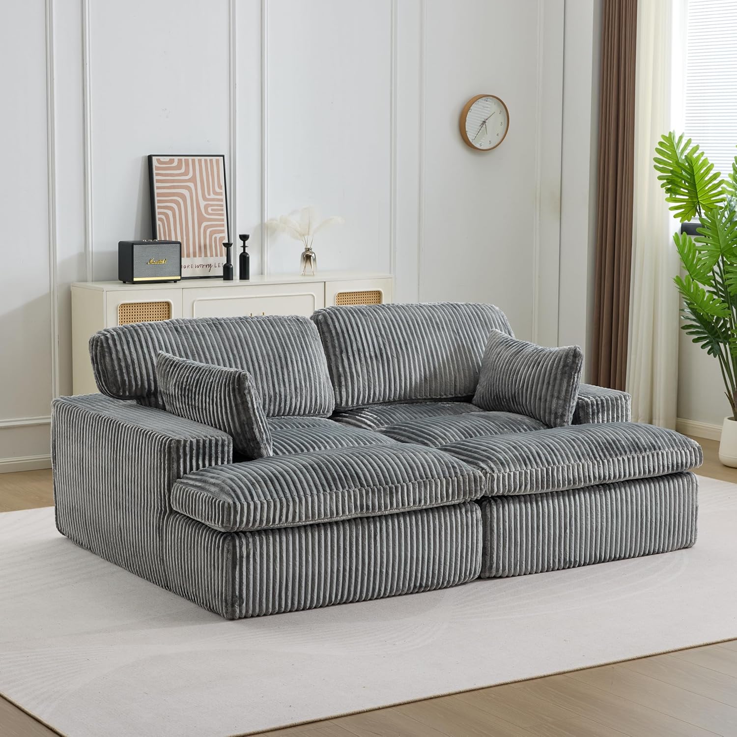 2 Sitzer Sofa mit Schlaffunktion, Couch mit Armlehnen, Polstersofa dick mit Cordbezug, Kombinierbares Sofa für Wohnzimmer/Schlafzimmer/Wohnung, 203.99x145x57 cm (Grau)