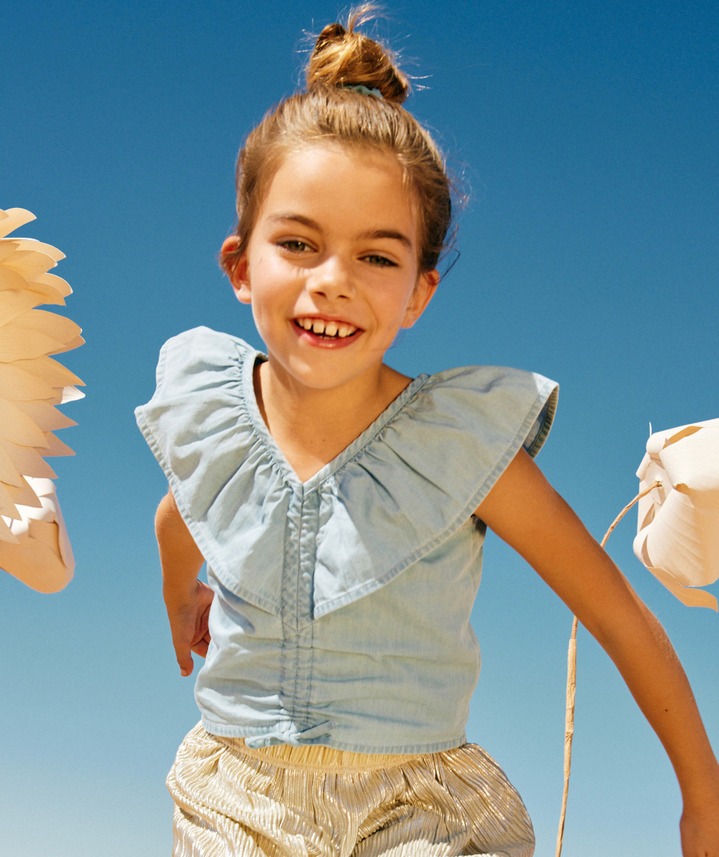 blouse sans manches fille en denim low impact avec volants