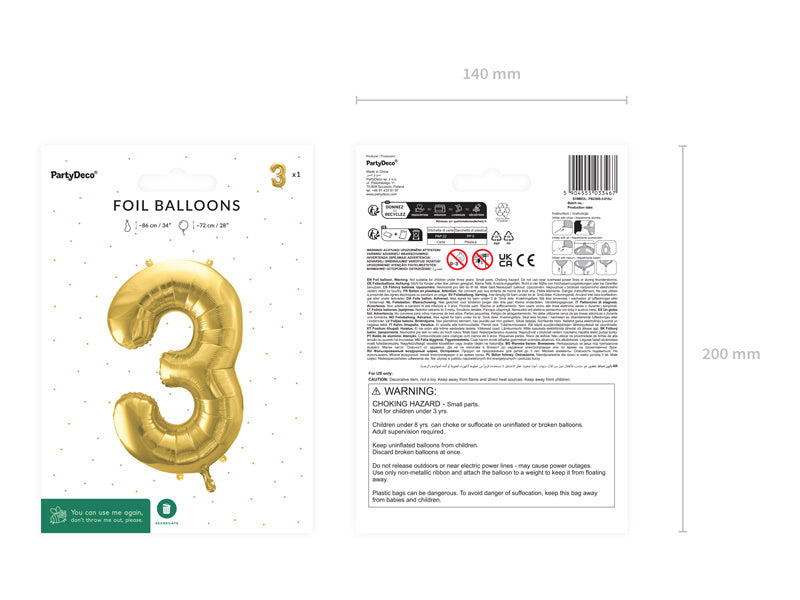 3 Jaar Cijfer Ballon Goud Leeg 72cm