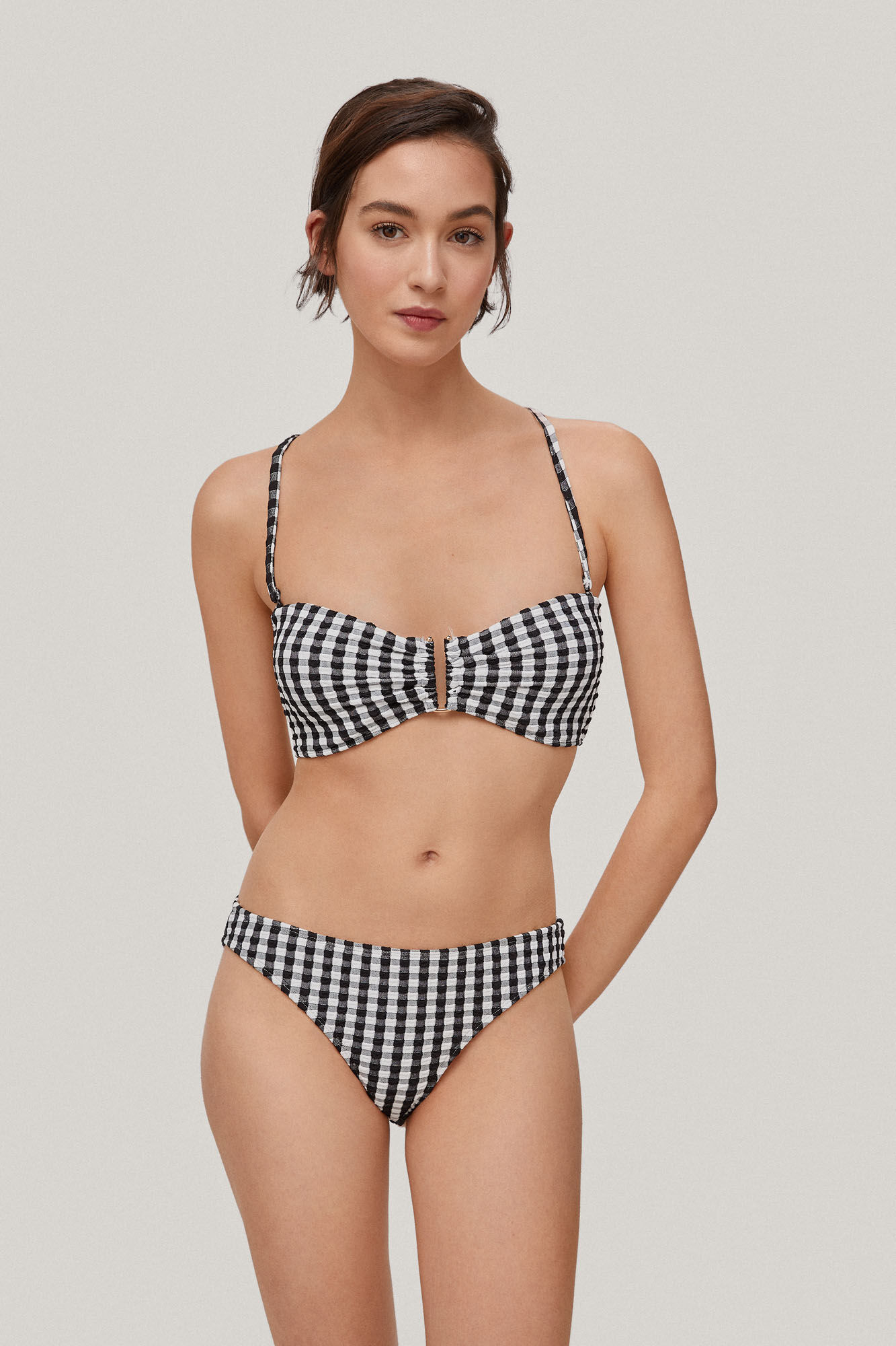 Top de biquíni cai-cai em tejido vichy - Preto