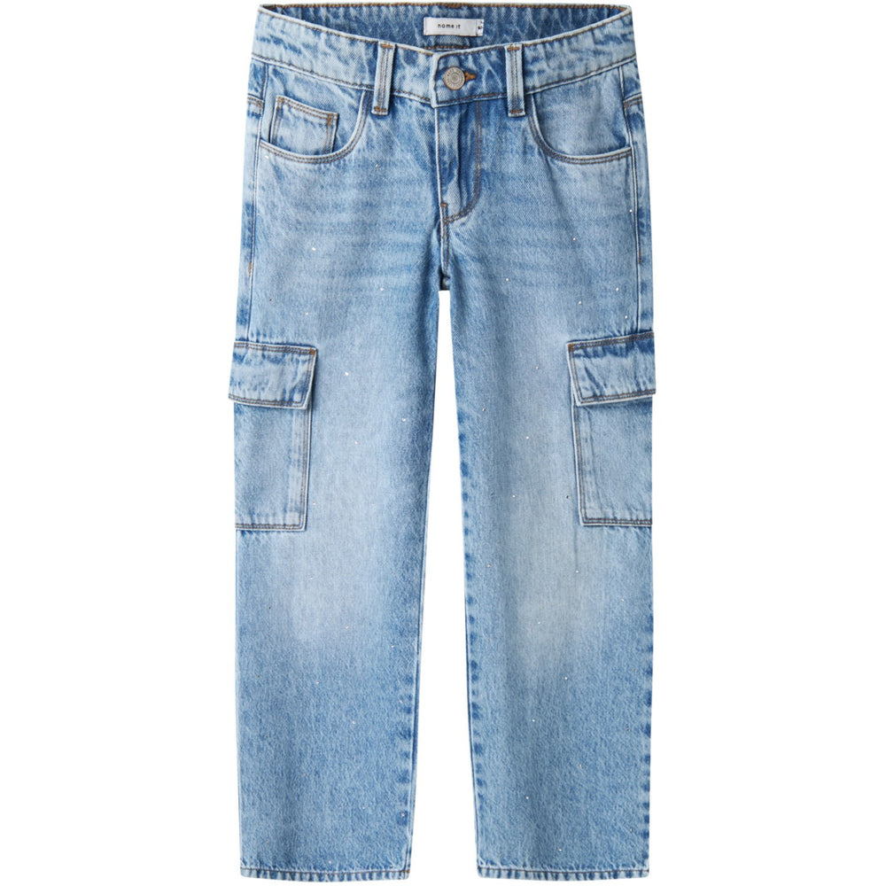 Køb Name It Light Blue Denim Rose Wide Cargo Jeans