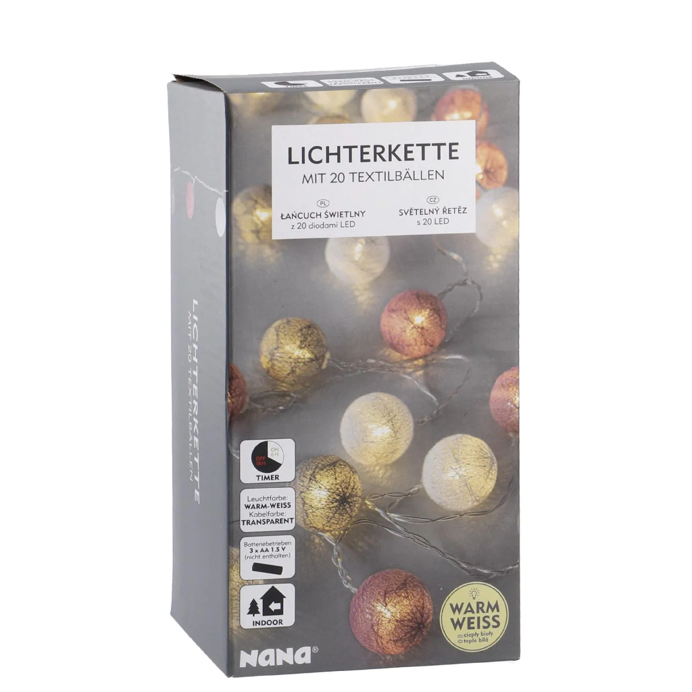 Lichterkette Textilball, weiß/grau/pink, 20 LED's