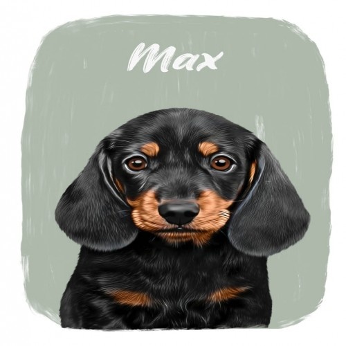 Mascochula Max, um retrato realista personalizado impresso com seu animal de estimação verde-oliva.