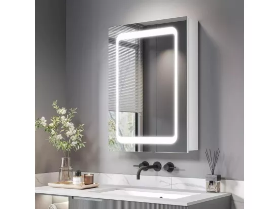 Armoire miroir de salle de bain 2 en 1, étagère salle de bain, avec prise de courant, Interrupteur à Détecteur, Anti-Buée,50x70x13cm