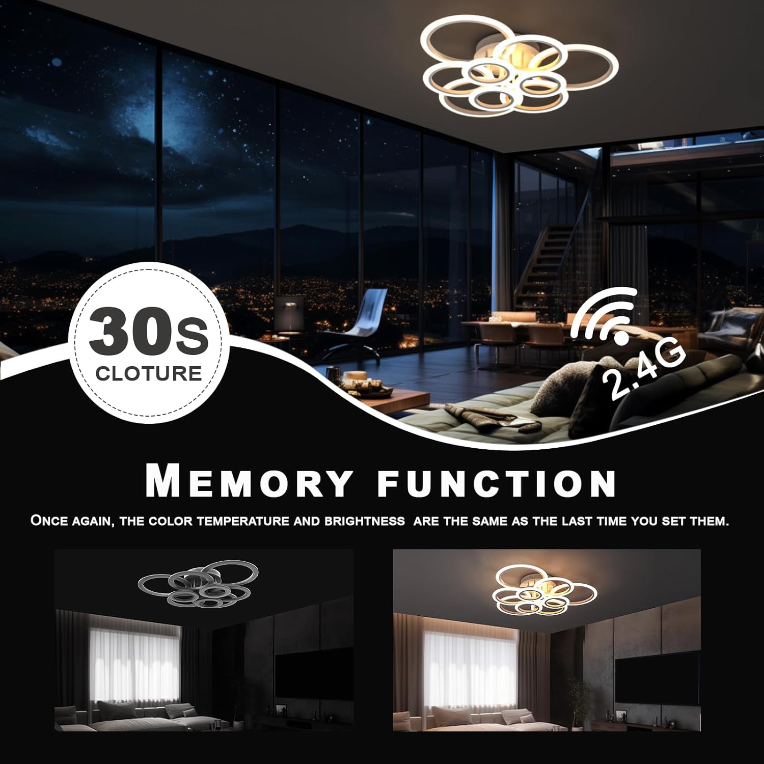 RUYI Modern Deckenleuchte Wohnzimmer mit Fernbedienung 9-Ring, Wohnzimmerlampe Decke 120W 10800LM, Wohnzimmerlampe LED für Wohnzimmer, Schlafzimmer, Küche, Flur, Balkon, Esszimmer, Weiß, 2800-7000K