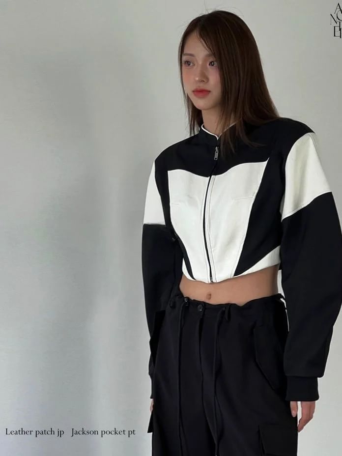 Seoulchic - Leren gepatchte cropped jas met rits