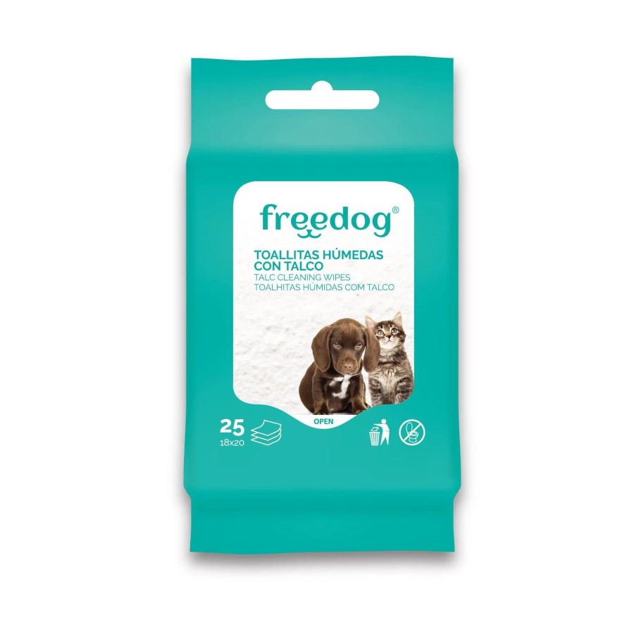 Lenços umedecidos Freedog com talco para cães e gatos.