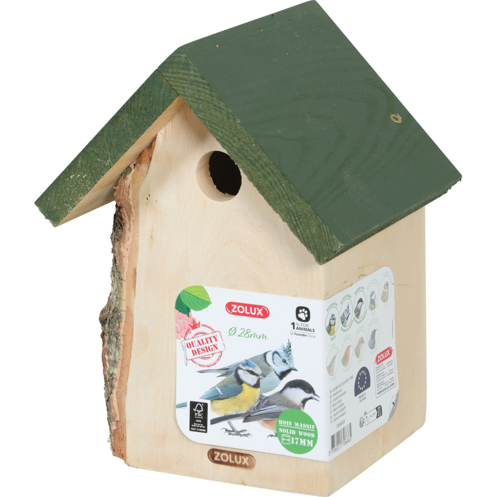 Nichoir en bois massif entrée ø28 mm pour oiseaux mésange