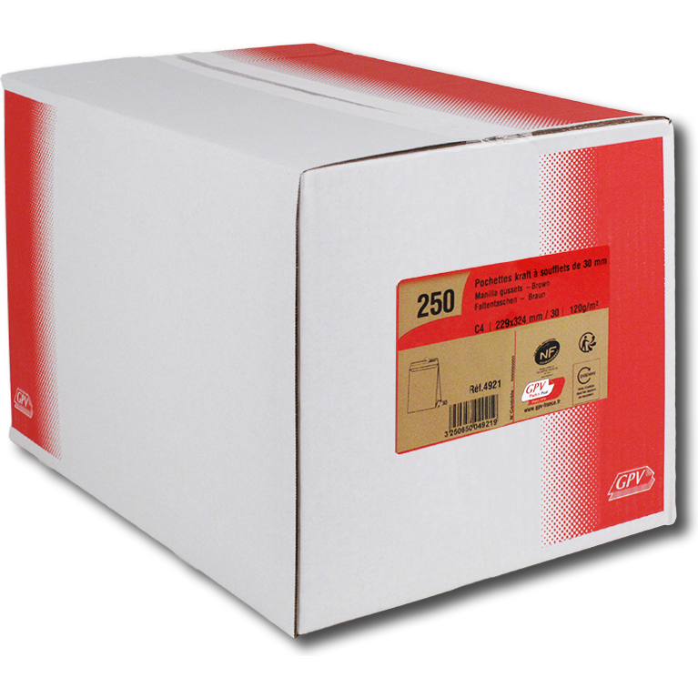 Boite de 250 sacs à soufflets kraft brun C4 229x324 120 g/m² bande de protection