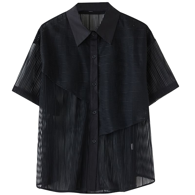 Taragon - Blouse met kraag, mesh paneel, doorschijnende knoopjes en elleboogmouwen