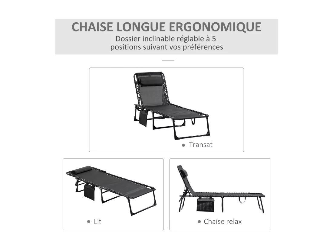 Bain de soleil transat pliable avec poignée - dossier inclinable multi-positions, pochette, tétière - acier époxy lacets élastiques textilène noir