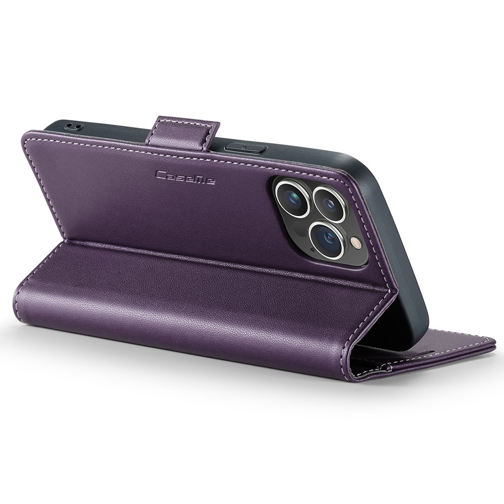 iPhone 15 Pro Leder Tasche Flip Wallet Etui mit Kartenfächern Litchi Look (RFID Schutz) - Violett