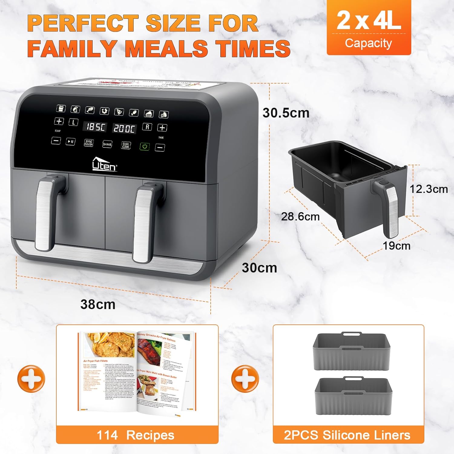 Uten Doppel Heißluftfritteuse, 8L Heißluftfritteuse Dual Zone, XXL Airfryer mit 2 Kammern, Silikonpads, 114 Rezepte, Digitalanzeige mit SYNC FINISH, Shake-Erinnerung, Spülmaschinenfest, E1905
