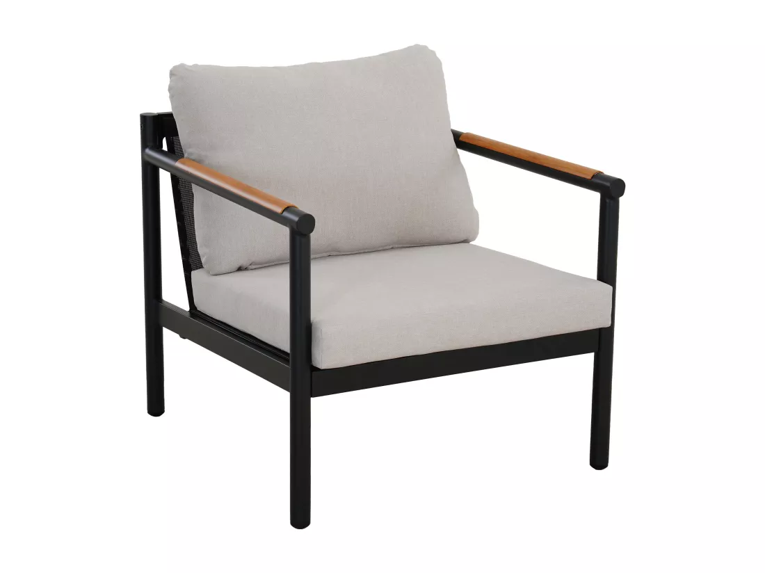 Salon de jardin en aluminium : un canapé 3 places, 2 fauteuils et une table basse - Noir coussins beiges - LAKIT de MYLIA