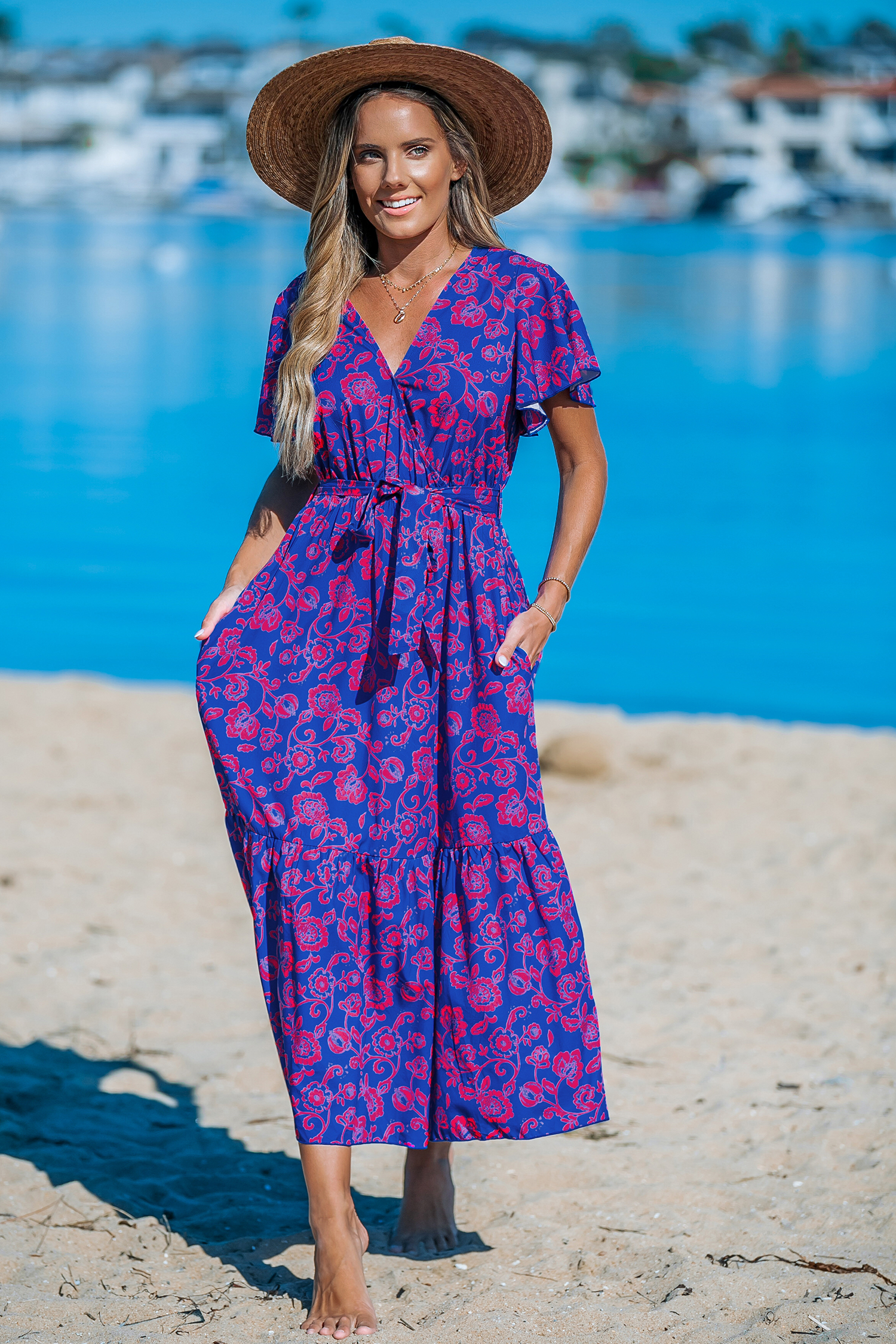 Robe maxi en dentelle à col en V et imprimé floral