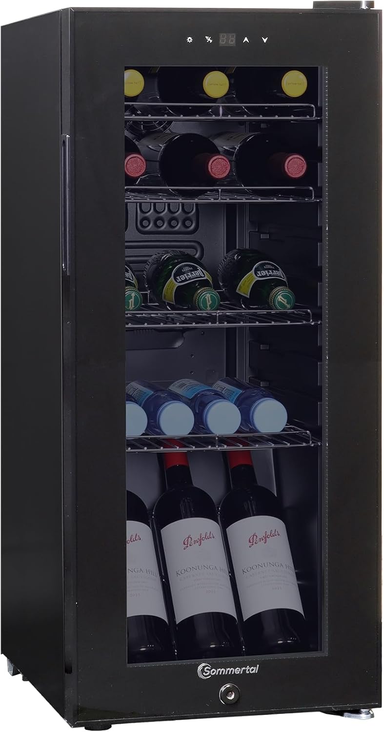 Kühlschrank mit Glastür GK60– Leiser Getränkekühlschrank mit LED, Touchscreen & Schloss kleiner Flaschenkühlschrank schwarz 60L