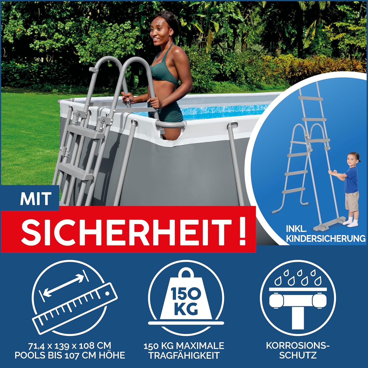 Bestway Power Steel Frame Pool Set mit Filterpumpe 412 x 201 x 122 cm, grau, eckig