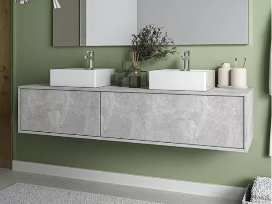 Meuble de salle de bain suspendu gris béton avec double vasque - L150 cm - ISAURE II