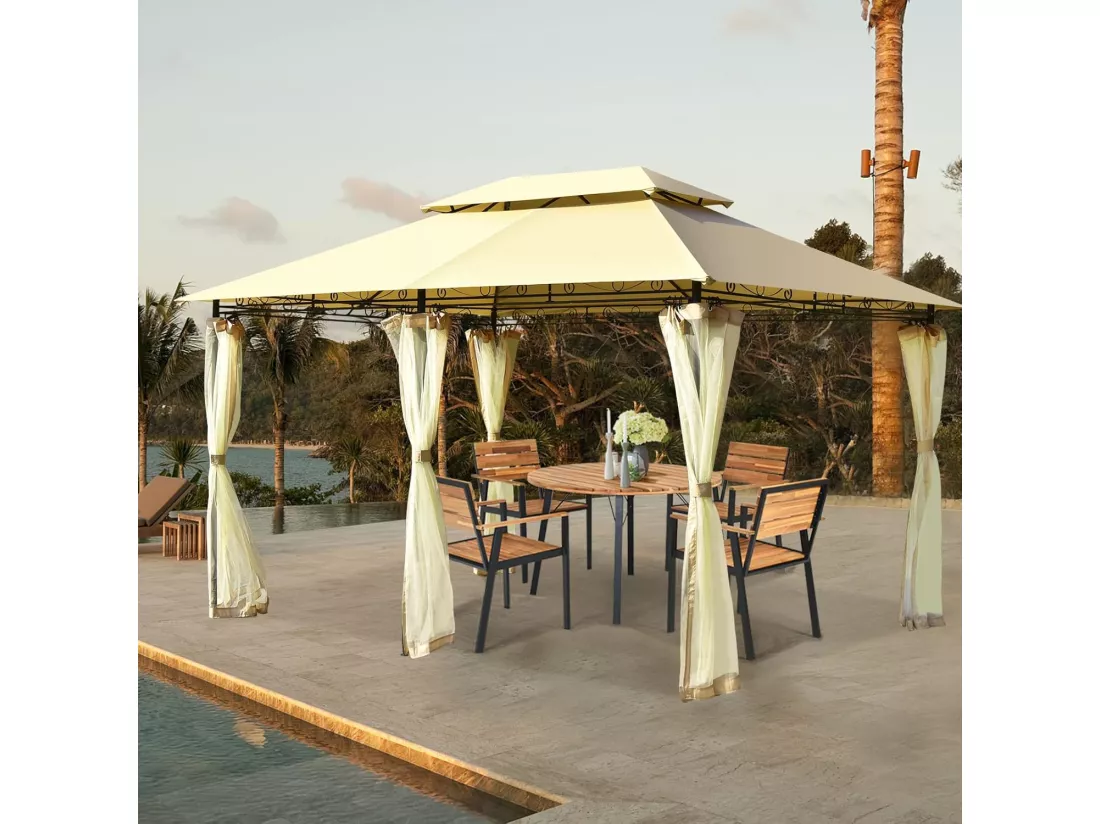 Tonnelle de Jardin 3,9 x 2,9M en Acier avec Rideaux Moustiquaires Amovibles et Toits Doubles, Tente de Réception pour Pique-Nique Festival Mariage (Beige)
