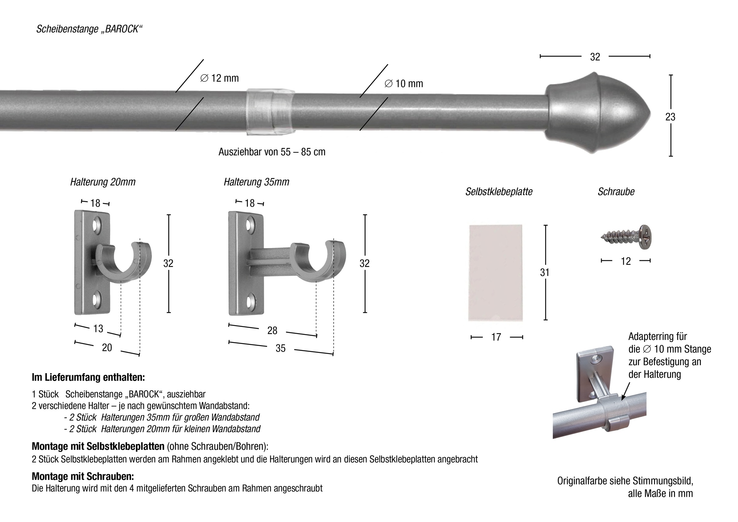 GARESA Scheibenstange »BAROCK« Ø 13 mm 1 läufig-läufig ausziehbar Montage zum Schrauben oder klemmen, ausziehbar