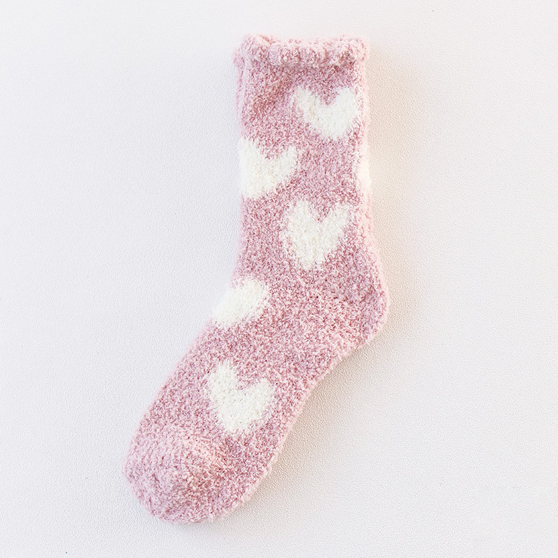 (1 Paar) Damen Kuschel Socken Wintersocken Herz Füsslinge Flauschige Bettsocken (One Size) - Rosa / Weiss