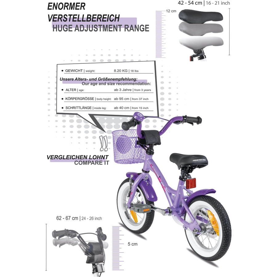 PROMETHEUS BICYCLES® Kinderfahrrad 12 ab 3 Jahre mit Stützräder in Violett & Weiß