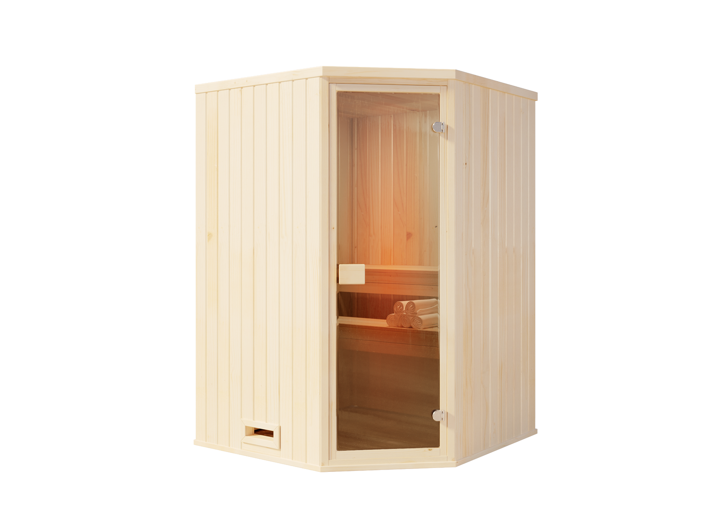 FinnTherm Hoeksauna voor Binnen, 1 Houten Bank, Saunacabine met 40 mm Wanddikte, Stoomsauna met Montagemateriaal, Natuurlijke Afwerking, 1,4 x 1,4 m