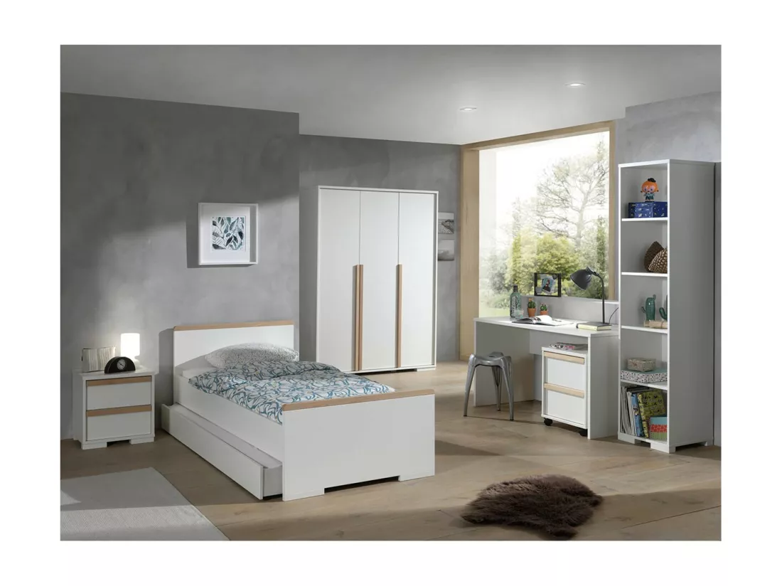 NASH WHITE - Chambre 90x200cm + Armoire 3P + Pack Bureau